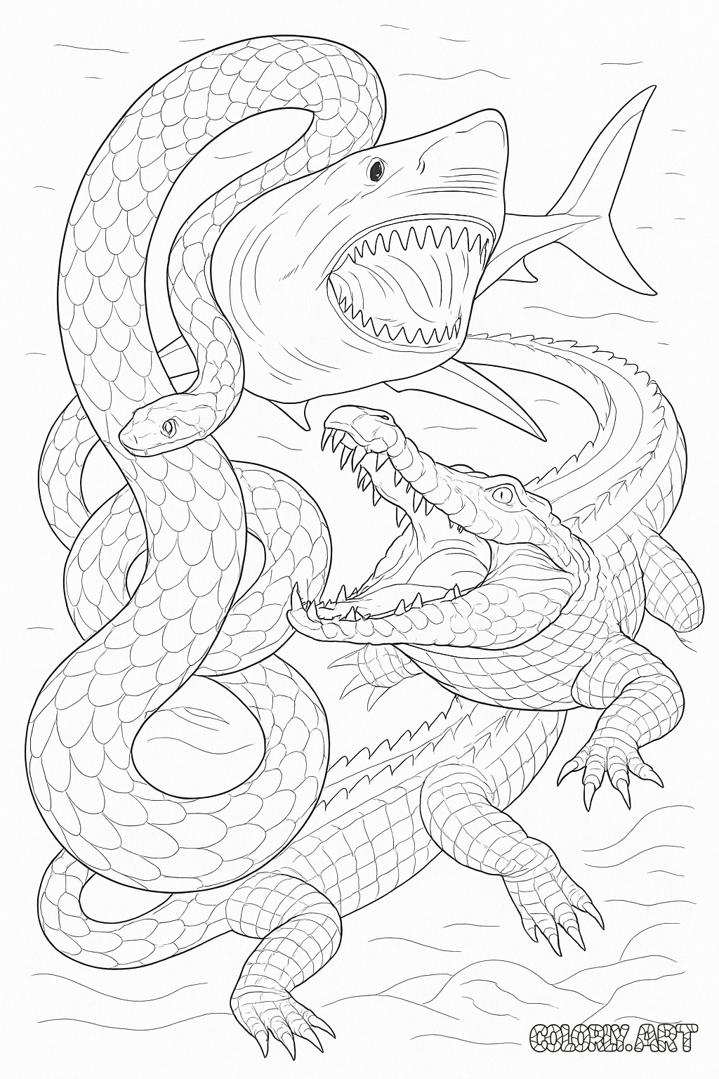 2 0250503 2341 Aquatic Creature Showdown  shark alligator croc and snake battleColoring Book Page Coloring Scene Image Colorly.art 